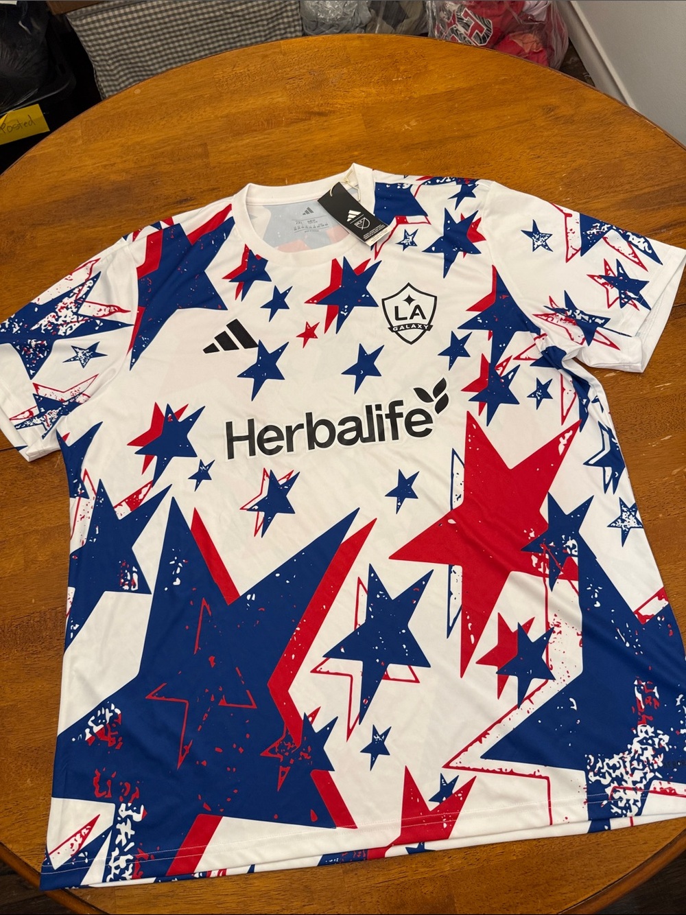 adidas White Jersey with Red & Blue Star Graphics - LA Herbalife xxl